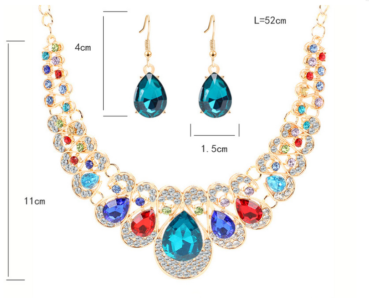 Retro Geometric Necklace and Earrings Set with Crystal Gems