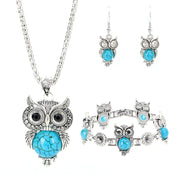 Vintage Charm: European and American Retro Jewelry Set with Ethnic Turquoise Owl Pendant, Inlaid Earrings, Necklace, and Bracelet