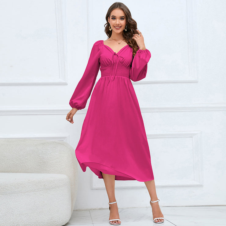 Women's Elegant V-neck Slim-fit Long Sleeve Dress