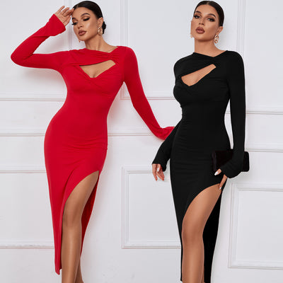 Seductive Sophistication: Skirt Sexy Slit Long Sleeve Dress for Timeless Elegance