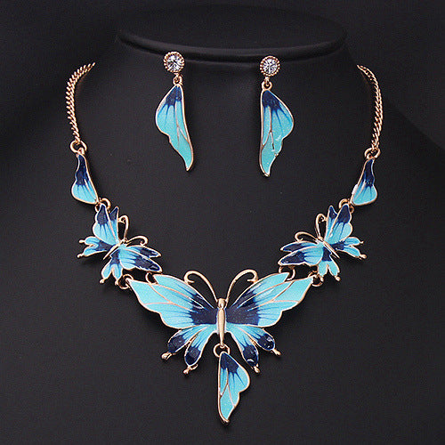 Butterfly Necklace and Earring Set with Shimmering Drops