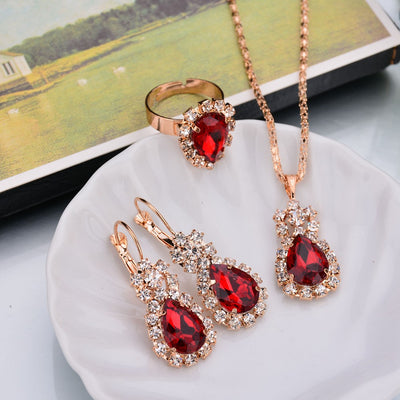 Timeless Radiance: EUROPE AND THE UNITED STATES PERSONALIZED WATER DROP COLOR DIAMOND NECKLACE, EARRINGS, RINGS SET - Shiny High-End Bridal Jewelry Wholesale