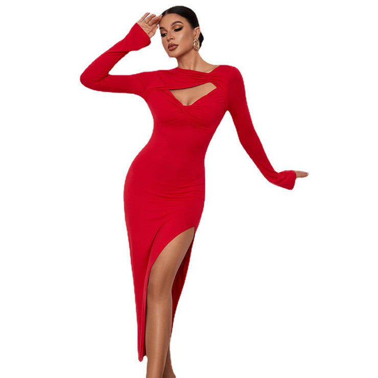 Seductive Sophistication: Skirt Sexy Slit Long Sleeve Dress for Timeless Elegance