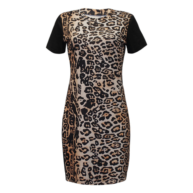 Roar into Style: Women's Leopard Print Crew Neck Short Sleeve Panel Body Dress