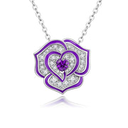 Red and Purple Rhinestone Heart Rose Flower Pendant Necklace for Women