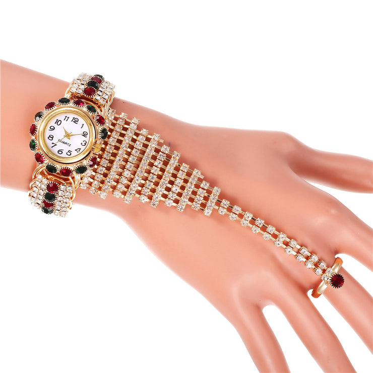 Trendy Ladies Full Diamond Claw Chain Ring Set Watch Fashion Ladies Watch