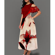 Summer Elegance: European and American Women's Printed Lace Stitching Long Dress