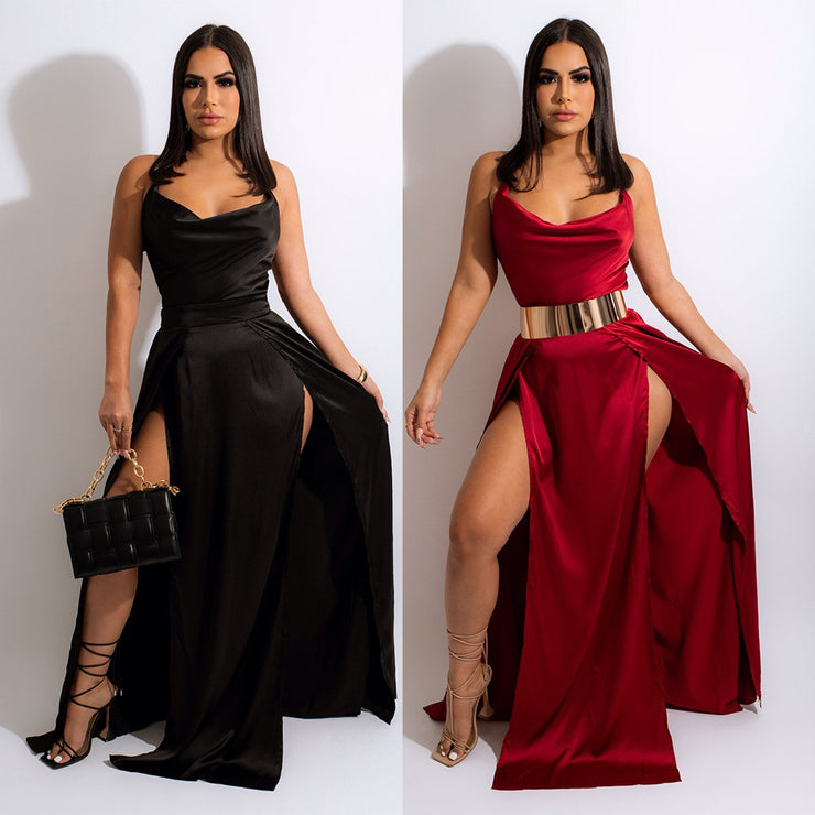 Sultry Allure: Sexy Sling Halter Swing Neck Slit Dress for Captivating Elegance