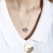 Red and Purple Rhinestone Heart Rose Flower Pendant Necklace for Women