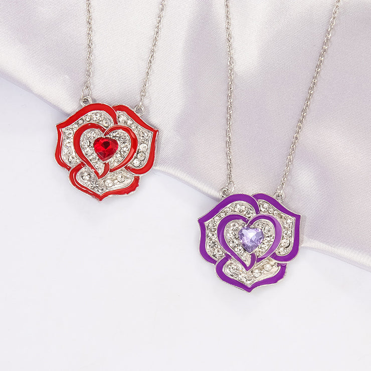 Red and Purple Rhinestone Heart Rose Flower Pendant Necklace for Women