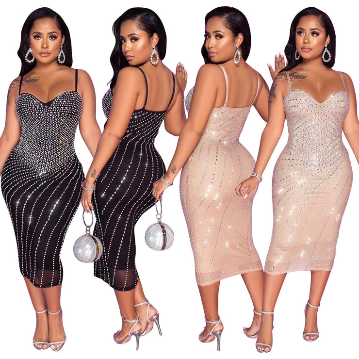 Radiant Allure: WOMEN'S TIGHT BRACES MESH RHINESTONE DRESS for Glamorous Statements