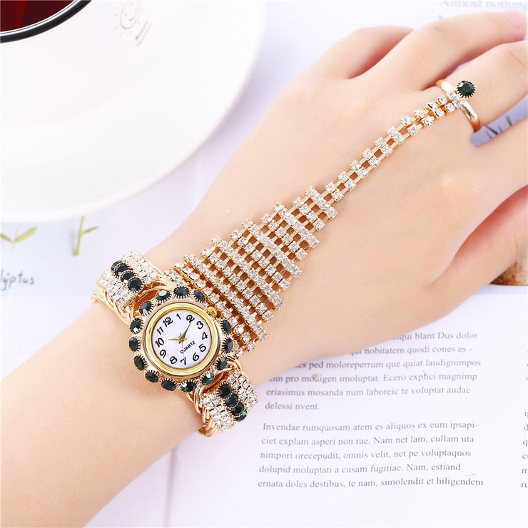 Trendy Ladies Full Diamond Claw Chain Ring Set Watch Fashion Ladies Watch