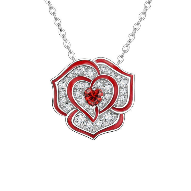 Red and Purple Rhinestone Heart Rose Flower Pendant Necklace for Women