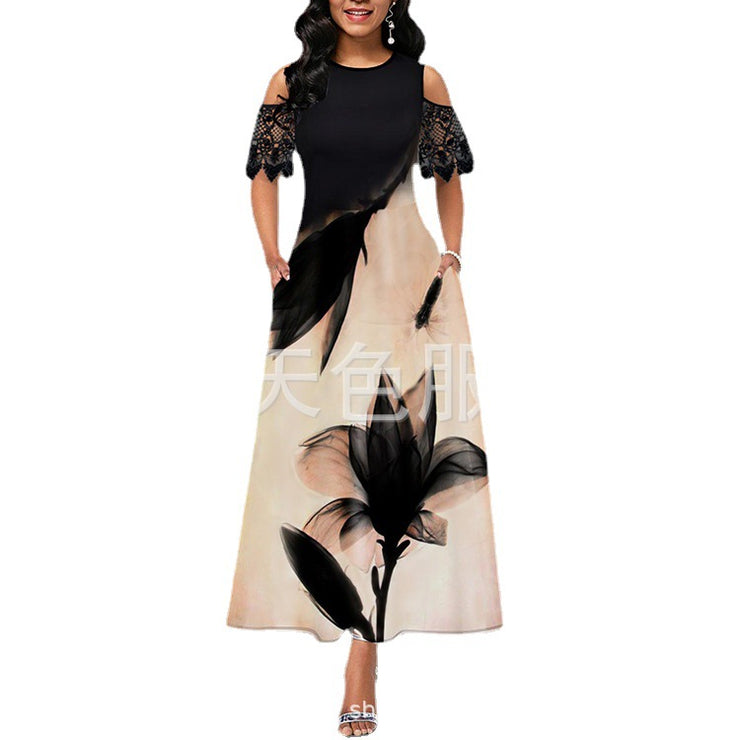 Summer Elegance: European and American Women's Printed Lace Stitching Long Dress