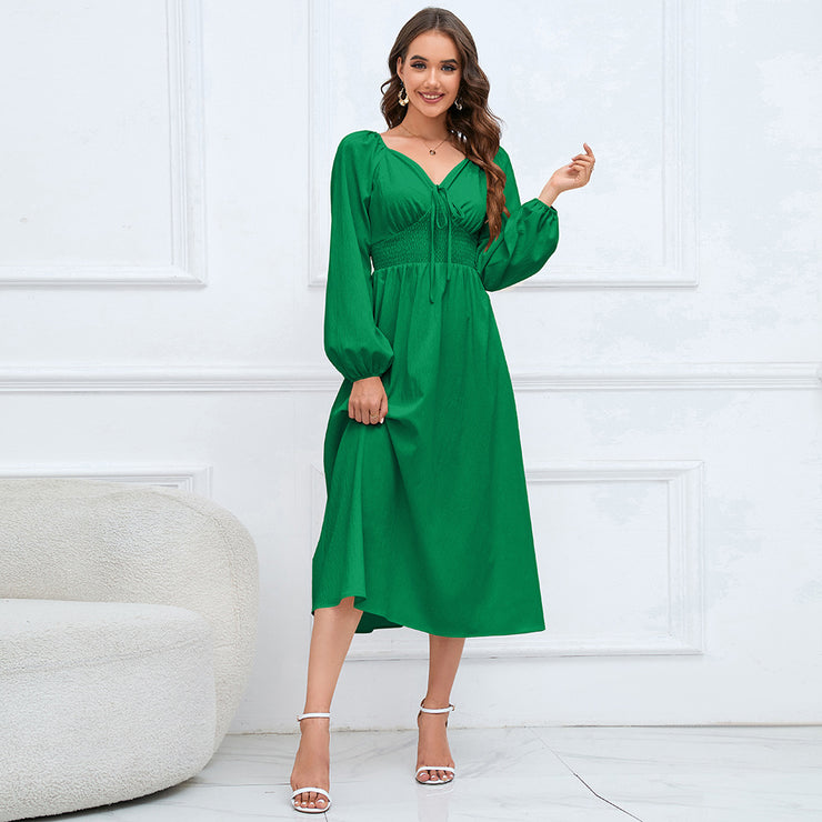 Women's Elegant V-neck Slim-fit Long Sleeve Dress