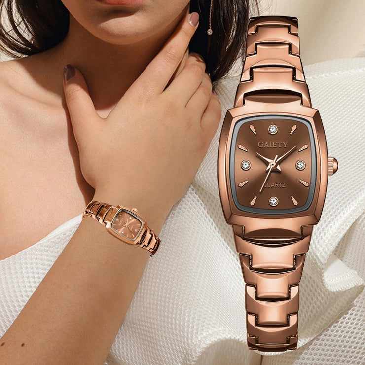 Radiant Rose Gold Brilliance: Women's Luxury Bracelet Watch with Rhinestone Ellipse Detailing