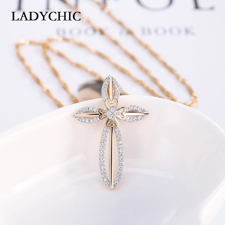 LadyChic Elegance Flower Leaf Cross Pendant Necklaces - Timeless Beauty and Faith