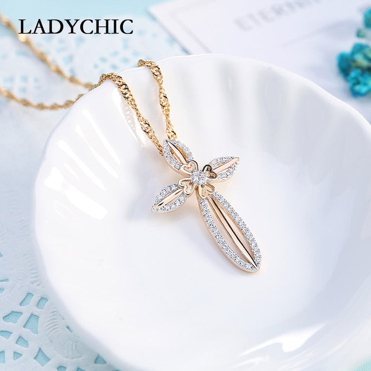 LadyChic Elegance Flower Leaf Cross Pendant Necklaces - Timeless Beauty and Faith