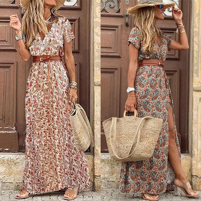 Boho Elegance: Women's V-Neck Short Sleeve Paisley Print Beach Dress