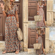 Boho Elegance: Women's V-Neck Short Sleeve Paisley Print Beach Dress