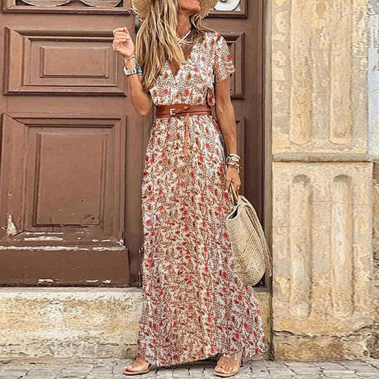 Boho Elegance: Women's V-Neck Short Sleeve Paisley Print Beach Dress