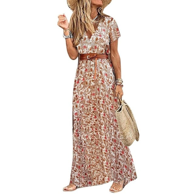 Boho Elegance: Women's V-Neck Short Sleeve Paisley Print Beach Dress