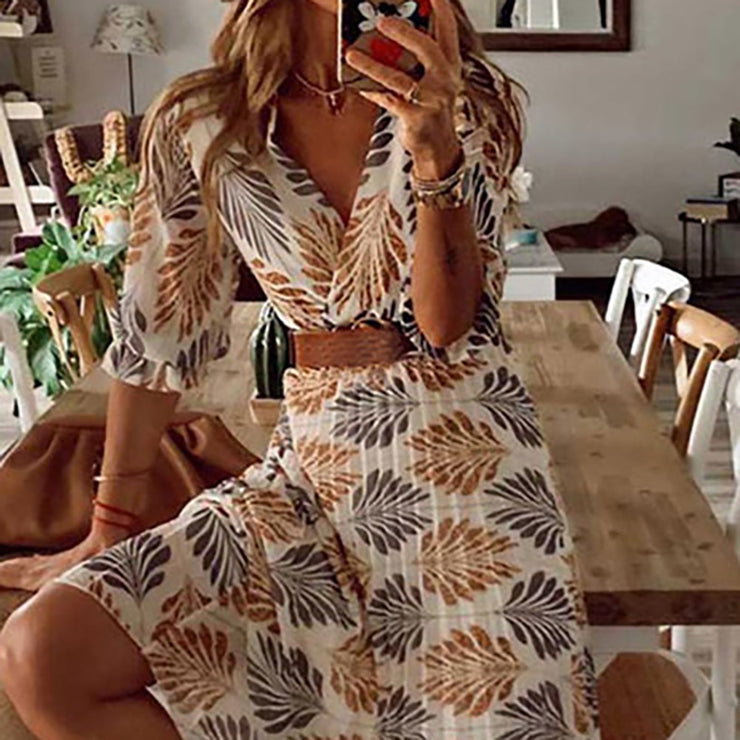 Bohemian Bliss: Casual Short Sleeve High Waist Print Summer Dress for Women