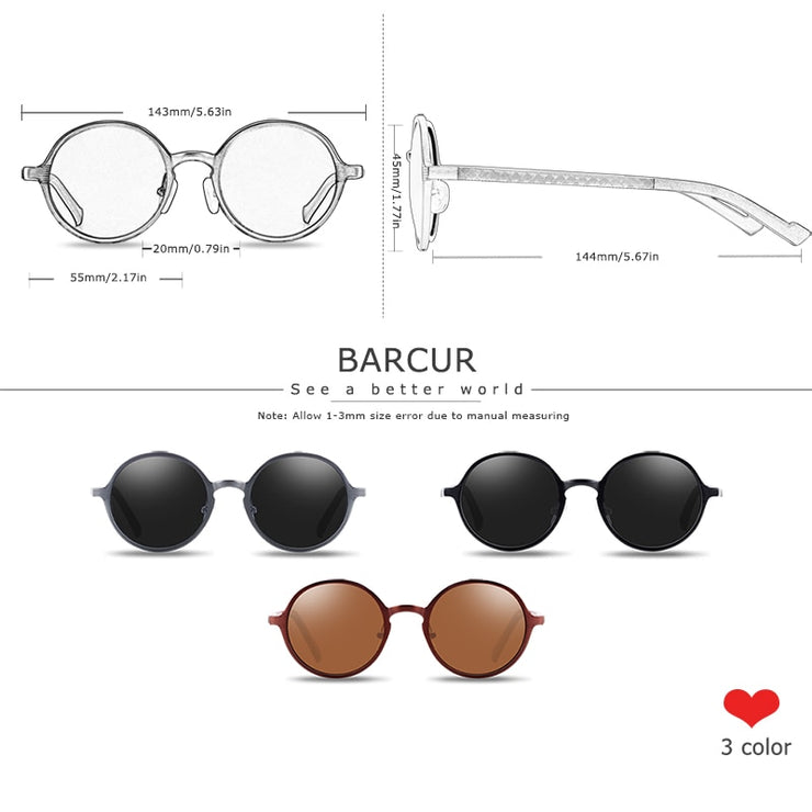 BARCUR Retro Round Sunglasses - Hot Black Goggle Style