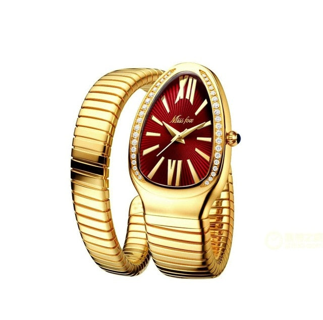 Serpentine Splendor: Unique Gold Quartz Ladies Watch with Snake Shape Design