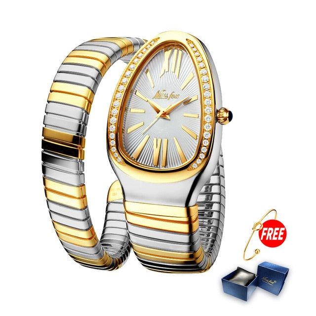 Serpentine Splendor: Unique Gold Quartz Ladies Watch with Snake Shape Design