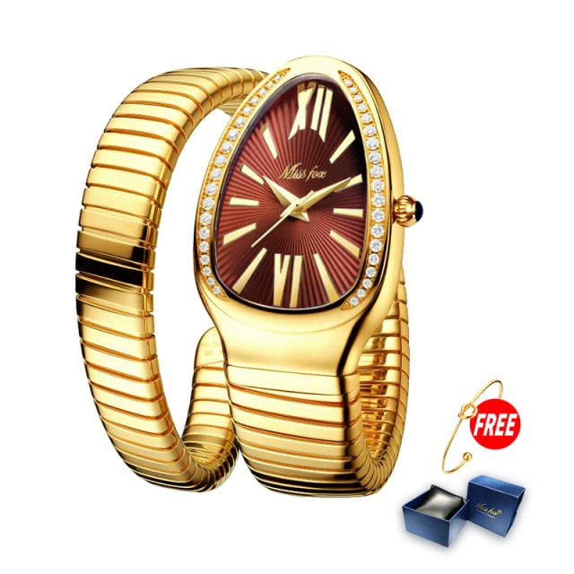 Serpentine Splendor: Unique Gold Quartz Ladies Watch with Snake Shape Design