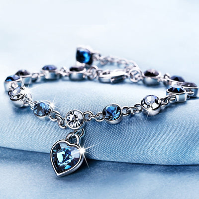 Shiny Blue Rhinestone Ocean Heart Bracelet