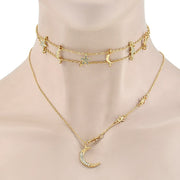 Star Moon Crystal Zircon Choker Double Layer Necklace - Celestial Elegance