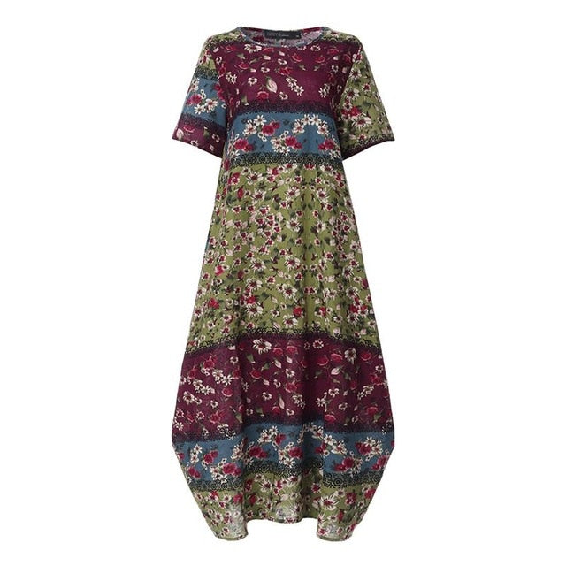 Bohemian Bliss: Casual Short Sleeve High Waist Print Summer Dress for Women