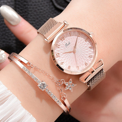 Elegant Magnetic Mesh Watches Set with Rose Detailing