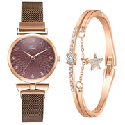 Elegant Magnetic Mesh Watches Set with Rose Detailing