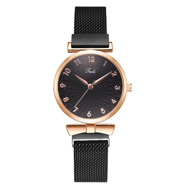 Elegant Magnetic Mesh Watches Set with Rose Detailing