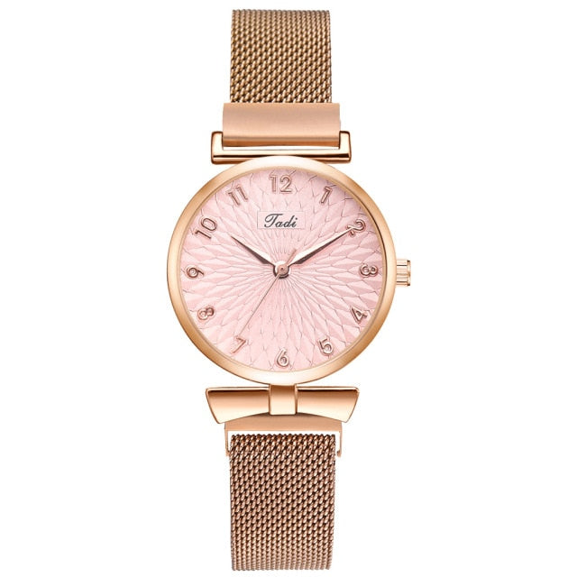 Elegant Magnetic Mesh Watches Set with Rose Detailing