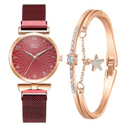 Elegant Magnetic Mesh Watches Set with Rose Detailing