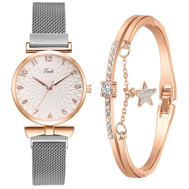 Elegant Magnetic Mesh Watches Set with Rose Detailing