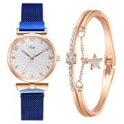 Elegant Magnetic Mesh Watches Set with Rose Detailing