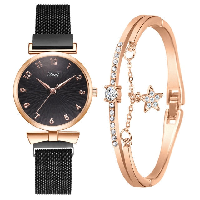 Elegant Magnetic Mesh Watches Set with Rose Detailing