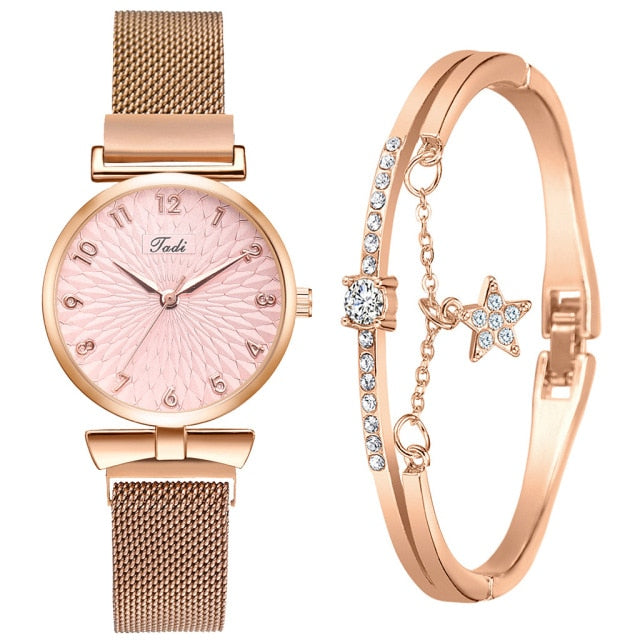 Elegant Magnetic Mesh Watches Set with Rose Detailing