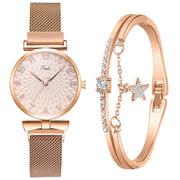 Elegant Magnetic Mesh Watches Set with Rose Detailing