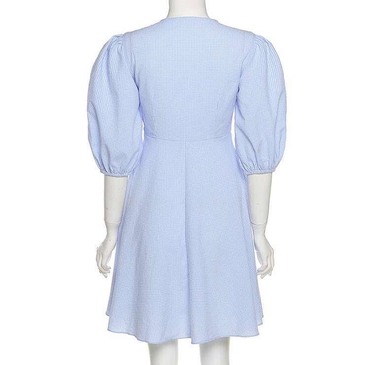 Sky Blue Delight: Puff Short Sleeve Mini Summer Dress for Effortless Charm