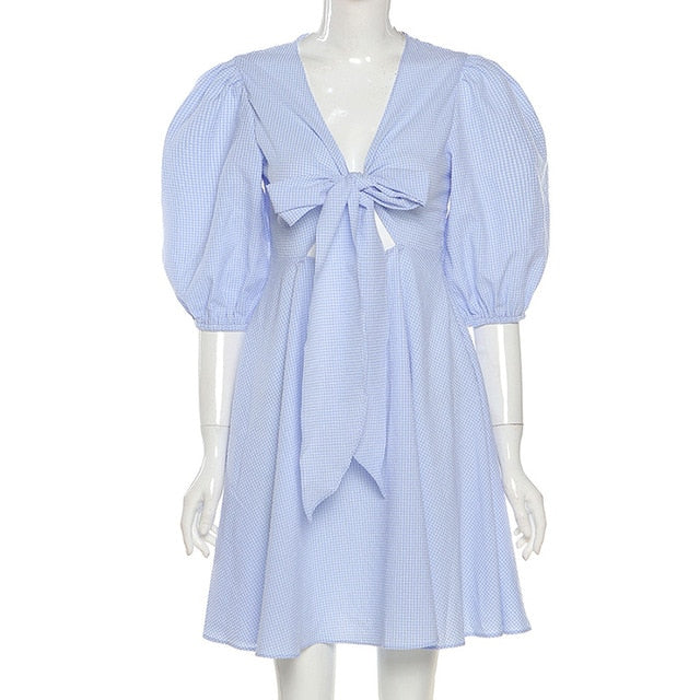 Sky Blue Delight: Puff Short Sleeve Mini Summer Dress for Effortless Charm