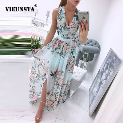 Breezy Elegance: Summer Dress with V-Neck Sleeveless Beach Style, Women Chiffon Vintage Floral Print for Long, Effortlessly Chic Dresses