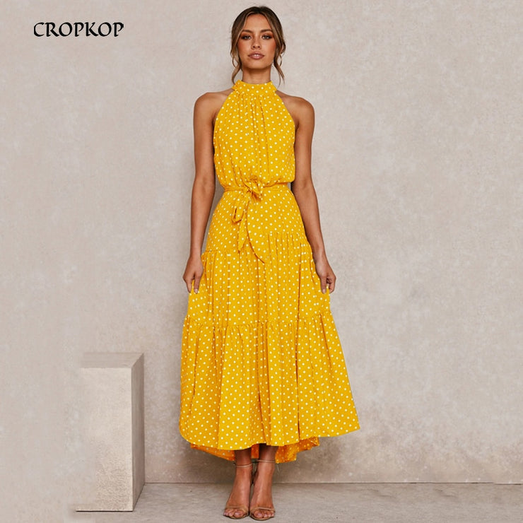 Sunny Allure: Summer Long Dress, Sexy Halter Strapless Yellow Sundress for Women's Vacation Wardrobe