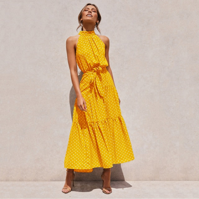 Sunny Allure: Summer Long Dress, Sexy Halter Strapless Yellow Sundress for Women's Vacation Wardrobe