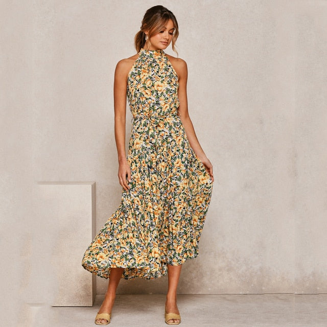 Sunny Allure: Summer Long Dress, Sexy Halter Strapless Yellow Sundress for Women's Vacation Wardrobe